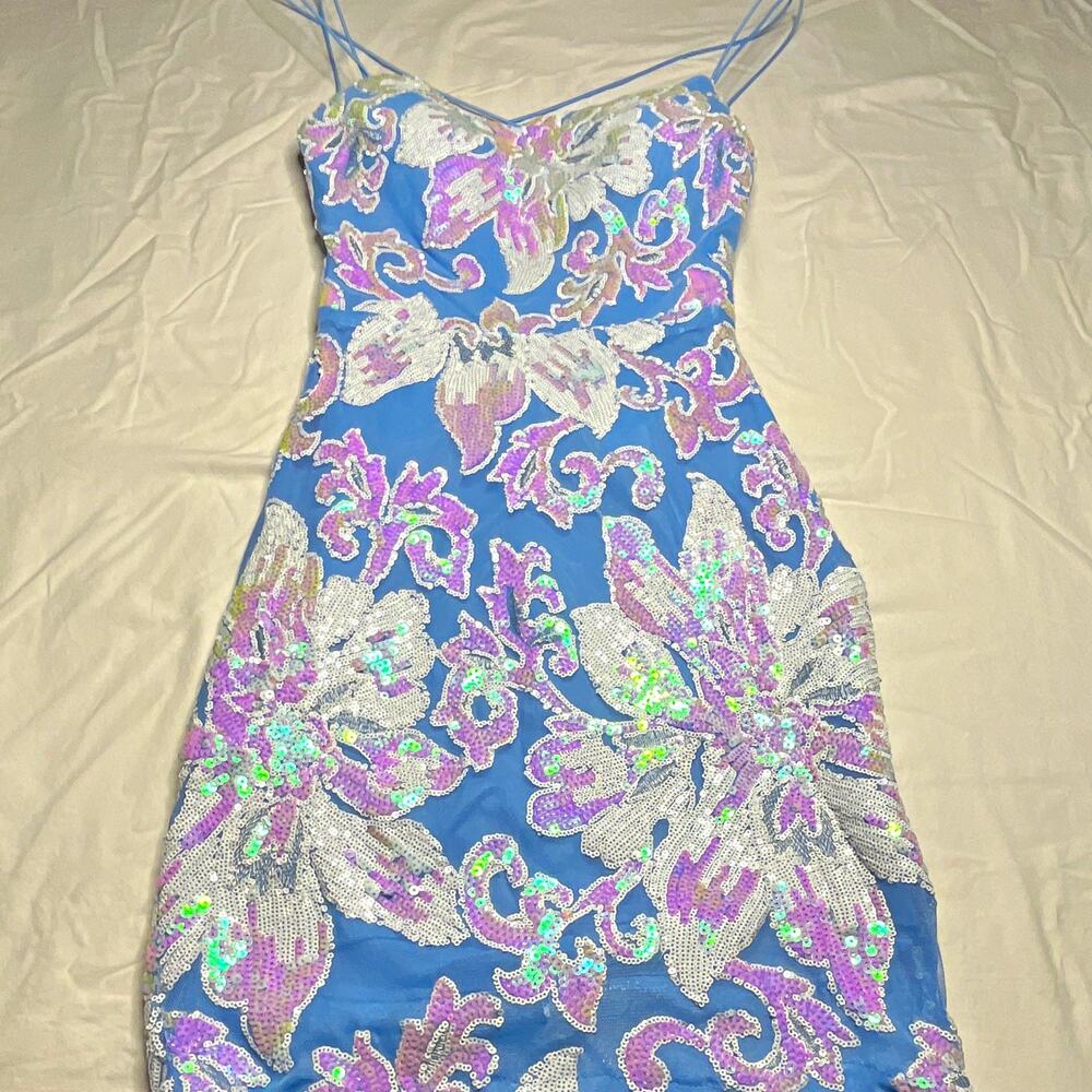 B. Darlin Blue Purple White Floral Sequin Mesh Mini Dress Juniors 7/8 Zip(111)